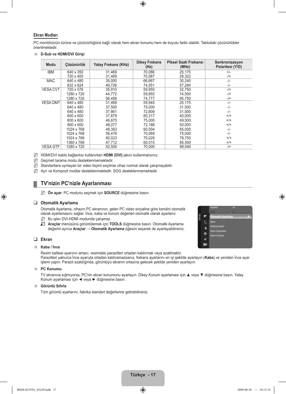 Tv'nizin pc'nizle ayarlanması | Samsung LE19B450C4W User Manual | Page 293 / 318