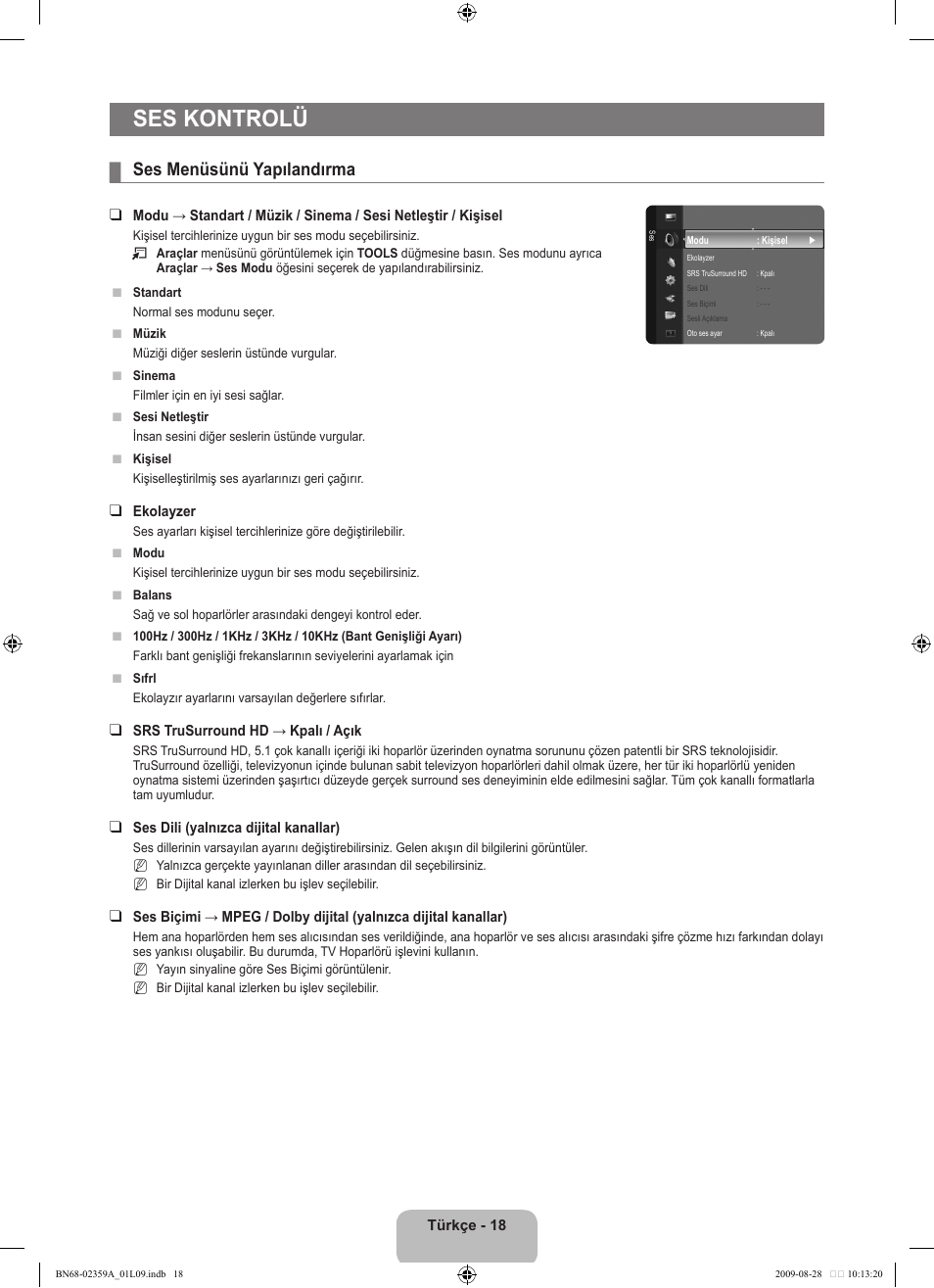 Ses kontrolü, Ses menüsünü yapılandırma | Samsung LE19B450C4W User Manual | Page 294 / 318