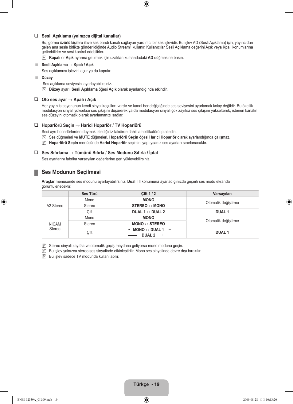 Ses modunun seçilmesi | Samsung LE19B450C4W User Manual | Page 295 / 318