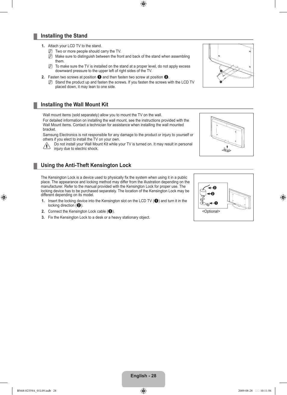 Installing the stand, Installing the wall mount kit, Using the anti-theft kensington lock | Samsung LE19B450C4W User Manual | Page 30 / 318