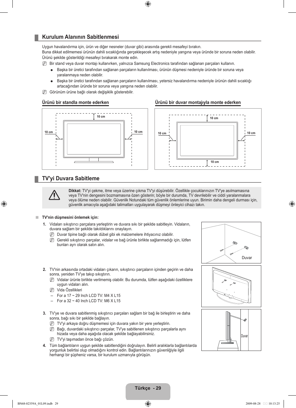 Kurulum alanının sabitlenmesi, Tv'yi duvara sabitleme | Samsung LE19B450C4W User Manual | Page 305 / 318