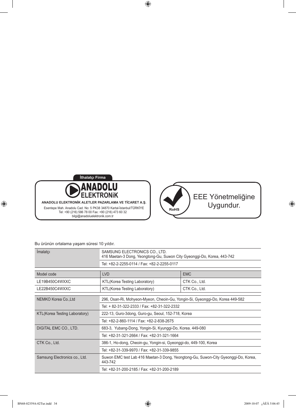 Anadolu, Eee yönetmeliğine uygundur, Elektronik | Samsung LE19B450C4W User Manual | Page 310 / 318