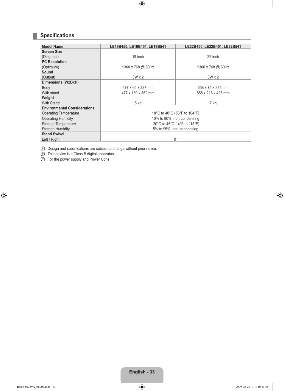 Specifications | Samsung LE19B450C4W User Manual | Page 35 / 318
