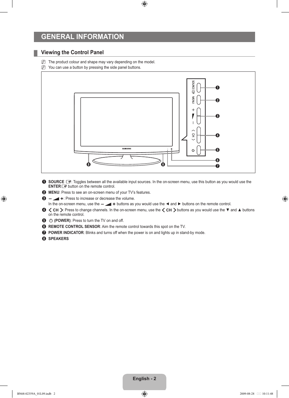 General information, Viewing the control panel | Samsung LE19B450C4W User Manual | Page 4 / 318