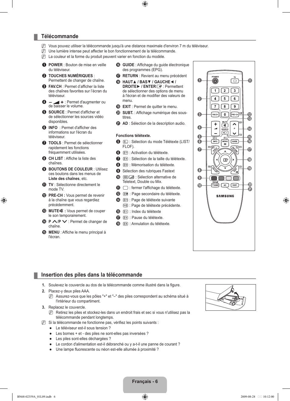 Télécommande, Insertion des piles dans la télécommande | Samsung LE19B450C4W User Manual | Page 42 / 318