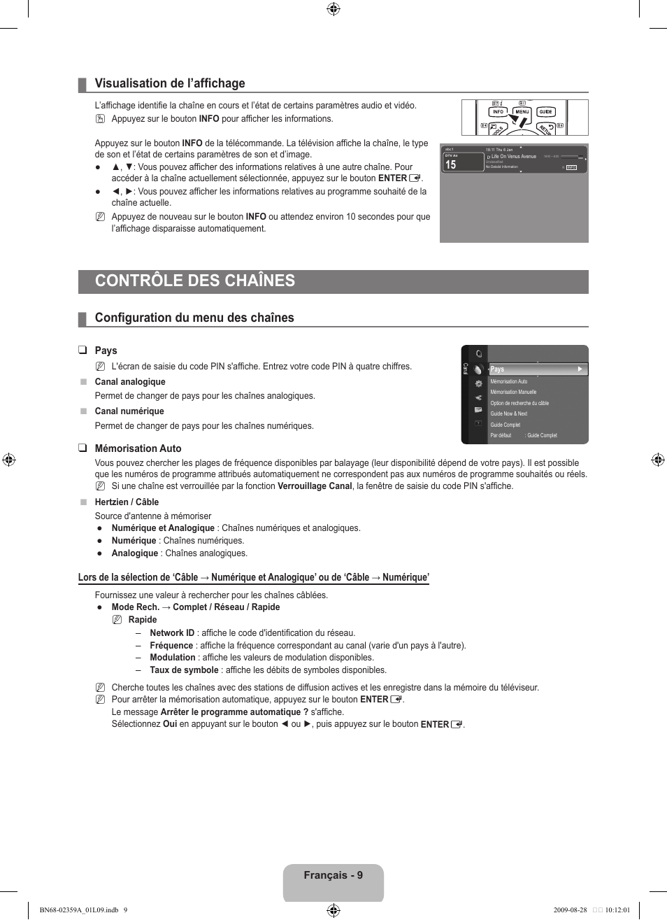 Contrôle des chaînes, Visualisation de l’affichage, Configuration du menu des chaînes | Samsung LE19B450C4W User Manual | Page 45 / 318