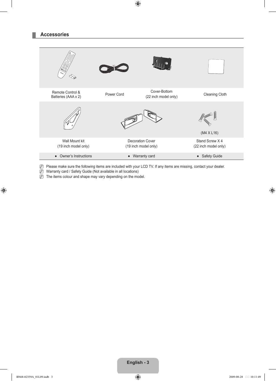 Accessories | Samsung LE19B450C4W User Manual | Page 5 / 318