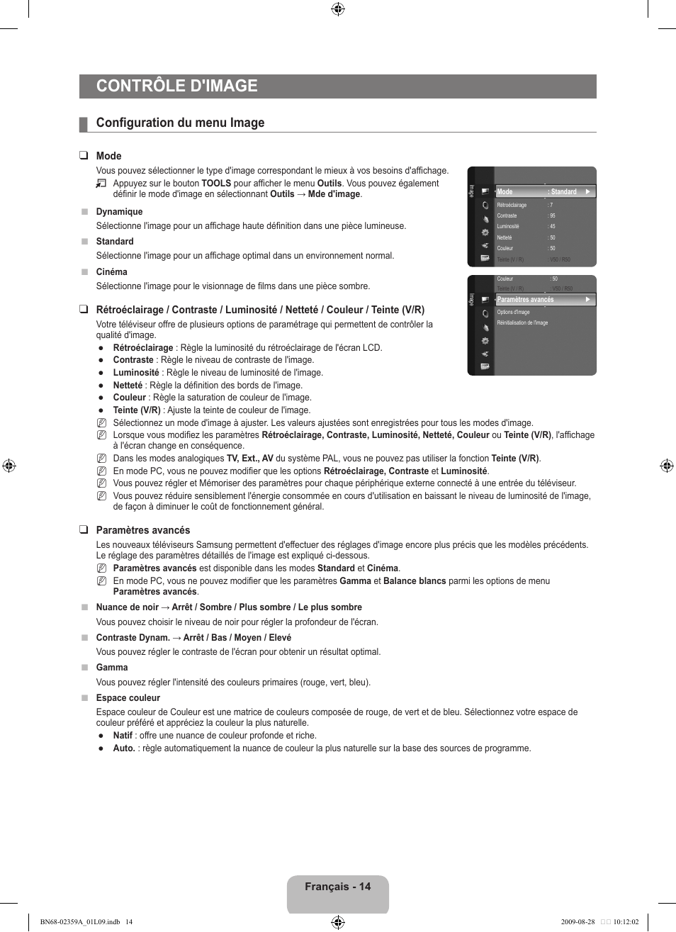 Contrôle d'image, Configuration du menu image | Samsung LE19B450C4W User Manual | Page 50 / 318