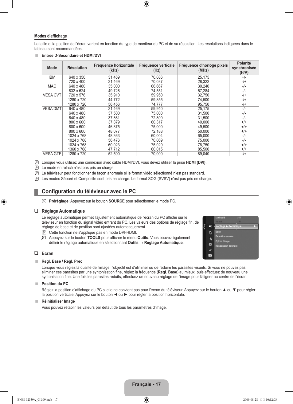 Configuration du téléviseur avec le pc | Samsung LE19B450C4W User Manual | Page 53 / 318