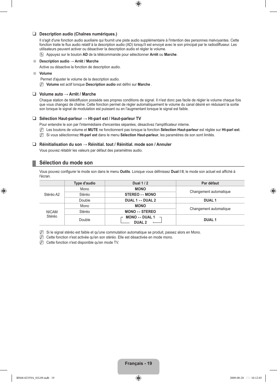 Sélection du mode son | Samsung LE19B450C4W User Manual | Page 55 / 318