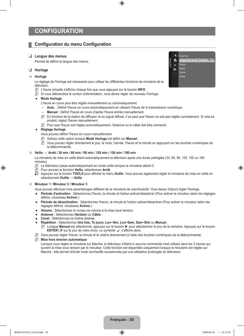 Configuration, Configuration du menu configuration | Samsung LE19B450C4W User Manual | Page 56 / 318