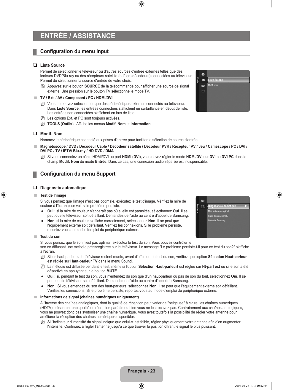 Entrée / assistance, Configuration du menu input, Configuration du menu support | Samsung LE19B450C4W User Manual | Page 59 / 318