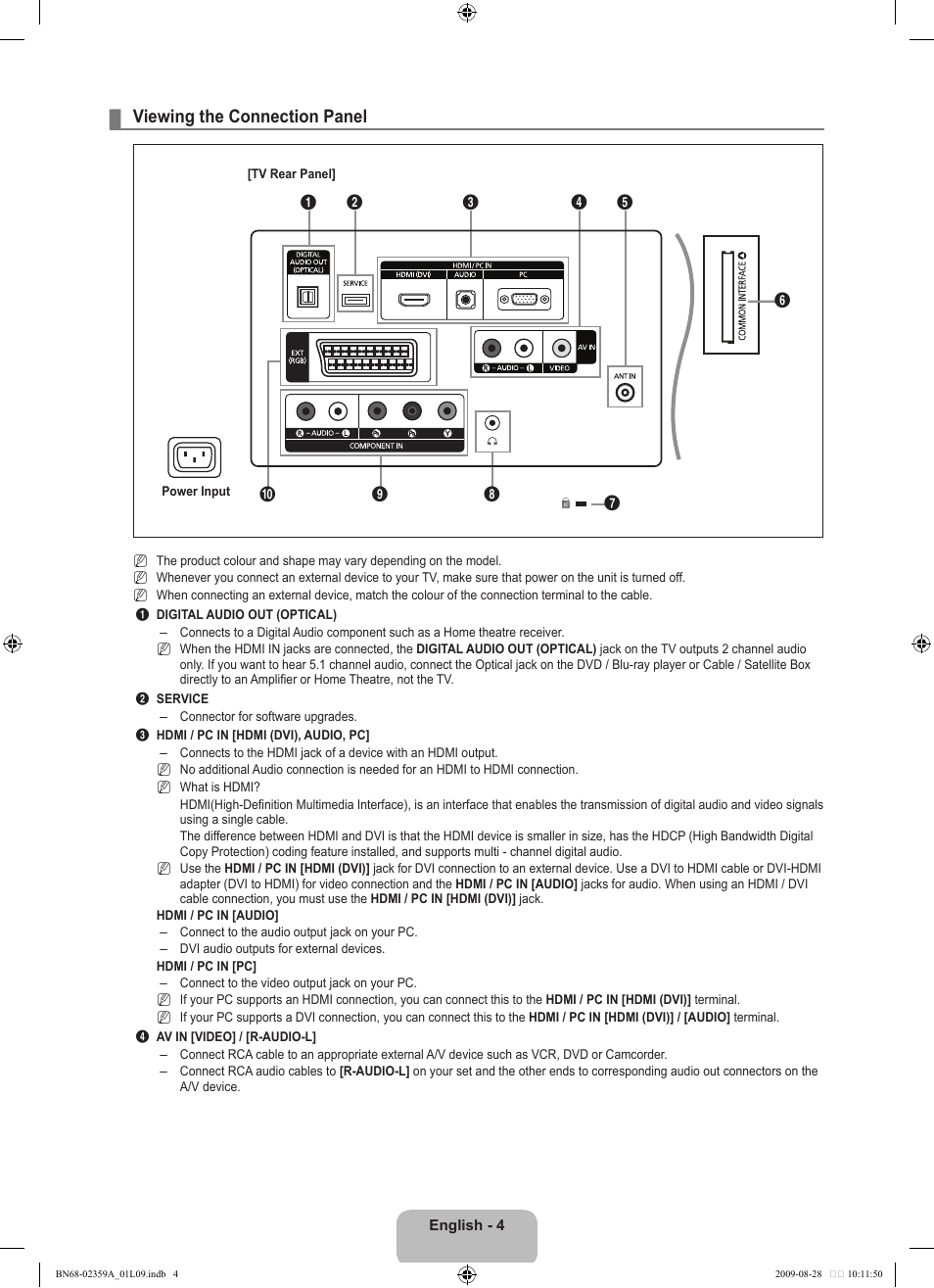 Viewing the connection panel | Samsung LE19B450C4W User Manual | Page 6 / 318