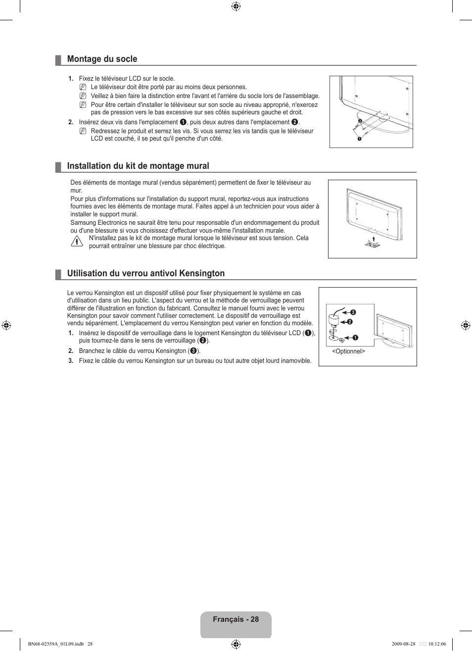 Montage du socle, Installation du kit de montage mural, Utilisation du verrou antivol kensington | Samsung LE19B450C4W User Manual | Page 64 / 318