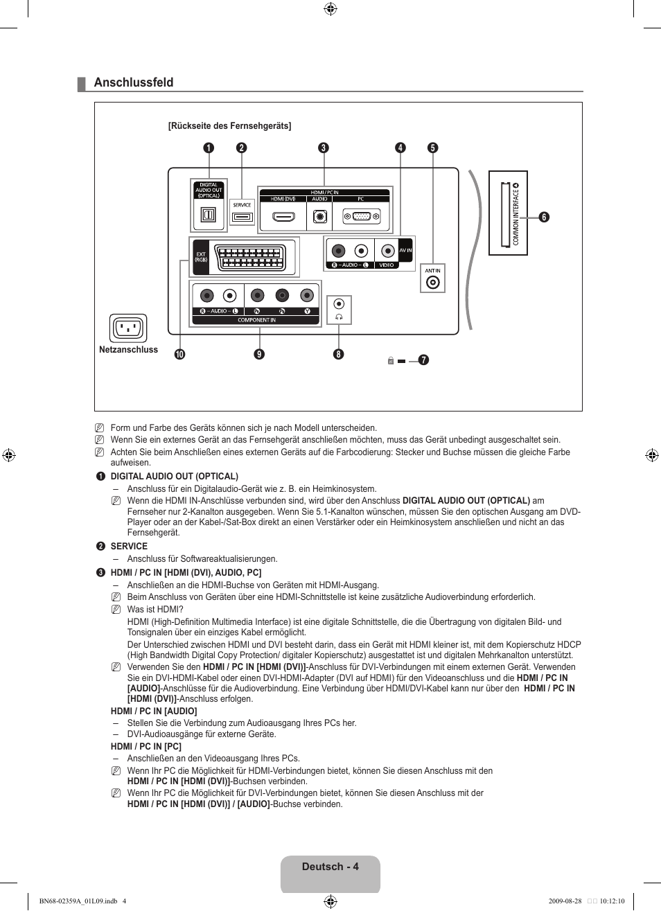 Anschlussfeld | Samsung LE19B450C4W User Manual | Page 74 / 318