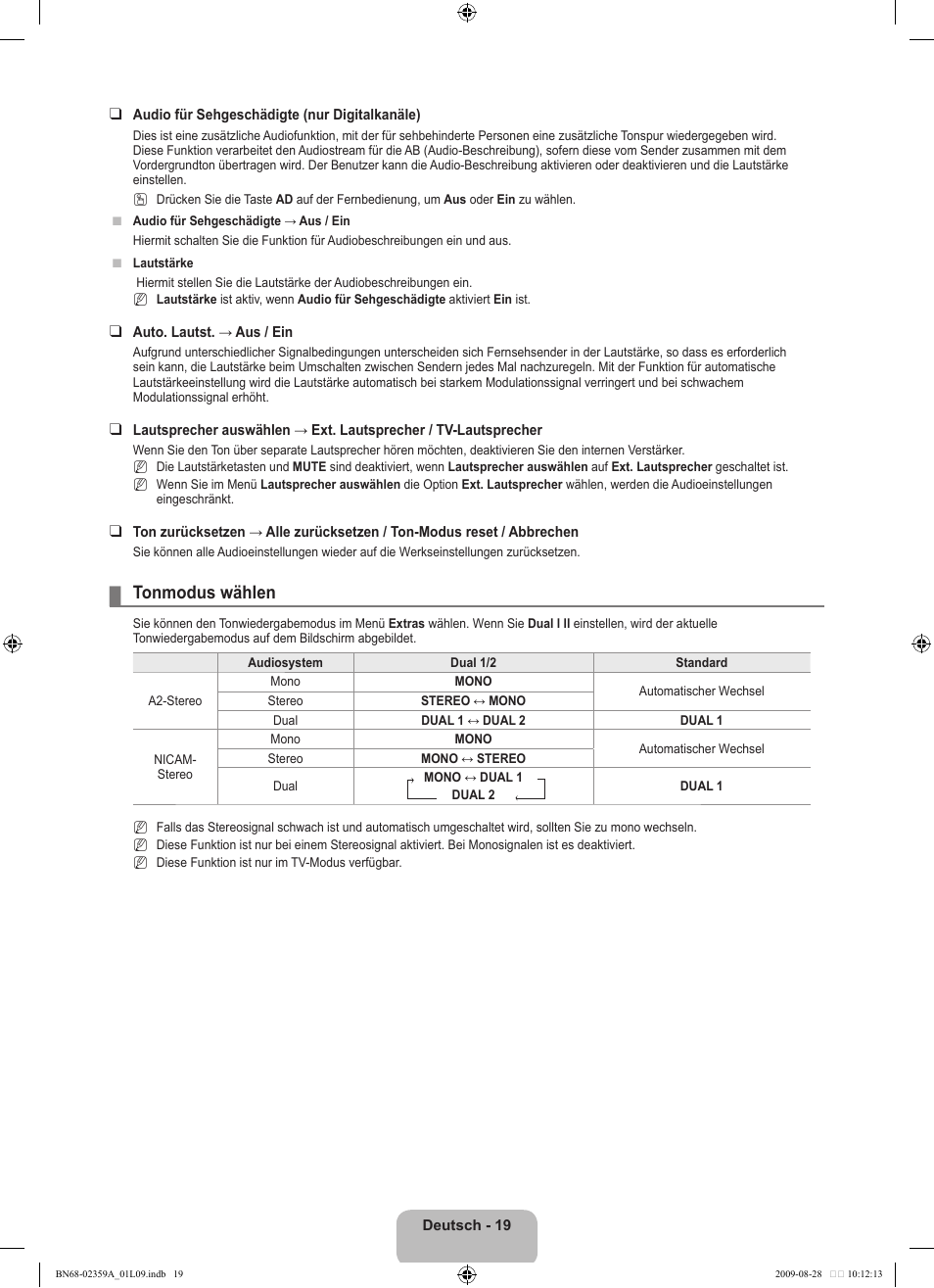 Tonmodus wählen | Samsung LE19B450C4W User Manual | Page 89 / 318