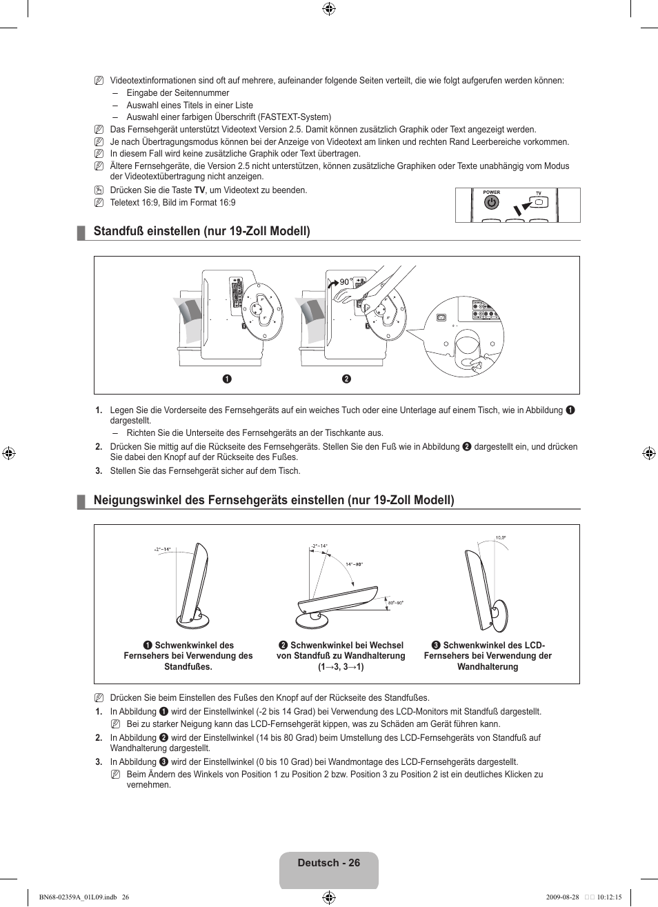 Standfuß einstellen (nur 19-zoll modell) | Samsung LE19B450C4W User Manual | Page 96 / 318
