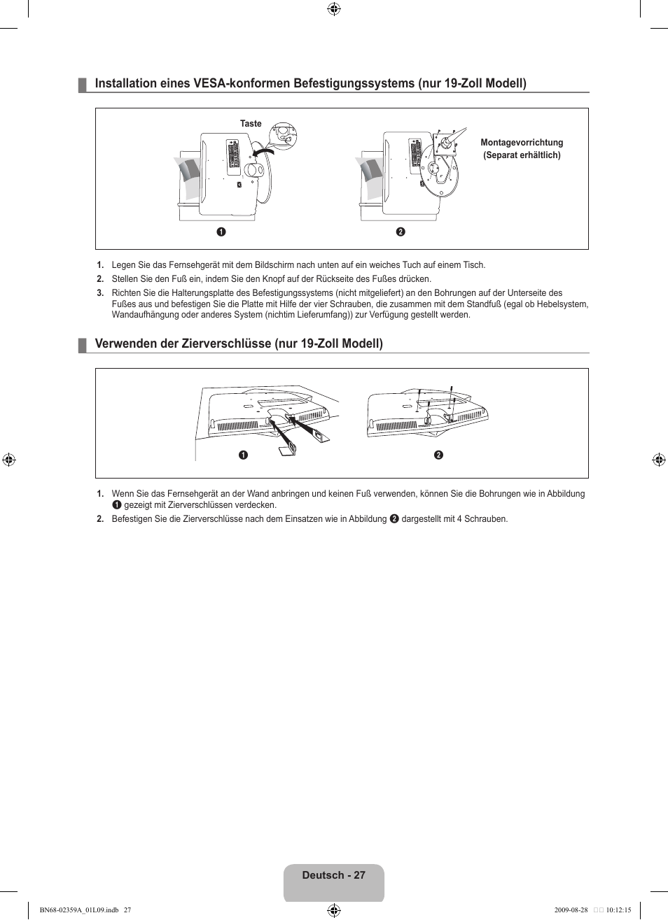 Verwenden der zierverschlüsse (nur 19-zoll modell) | Samsung LE19B450C4W User Manual | Page 97 / 318