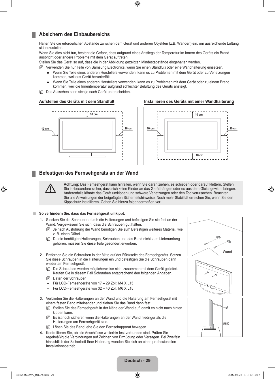 Absichern des einbaubereichs, Befestigen des fernsehgeräts an der wand | Samsung LE19B450C4W User Manual | Page 99 / 318