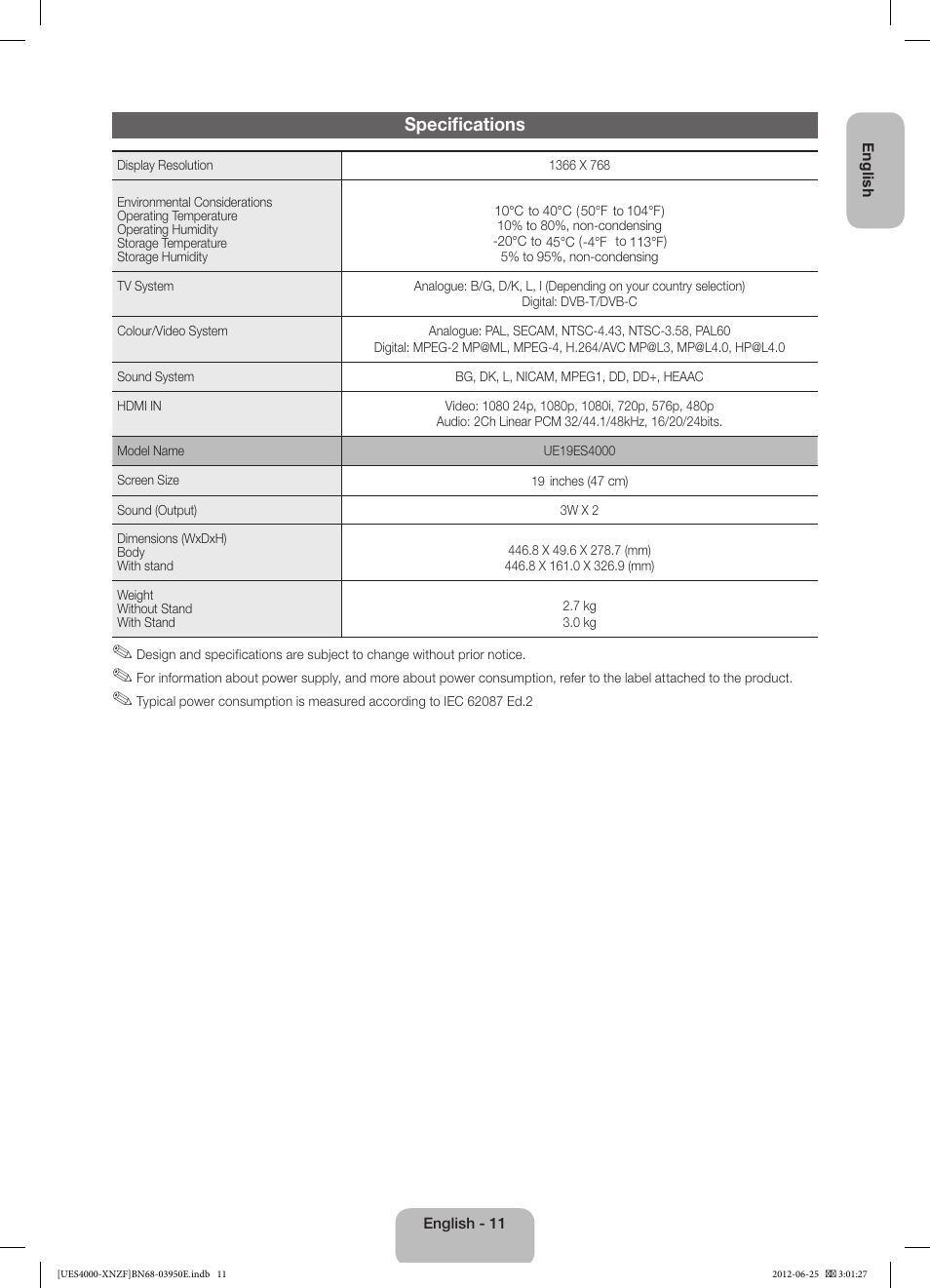 Specifications | Samsung UE19ES4000W User Manual | Page 11 / 49