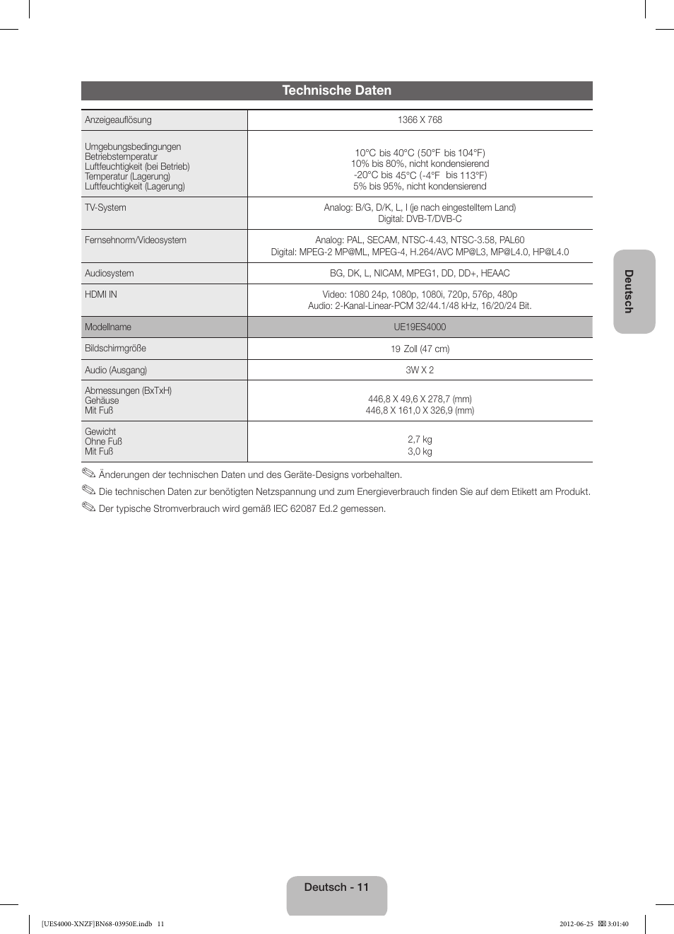 Technische daten | Samsung UE19ES4000W User Manual | Page 35 / 49