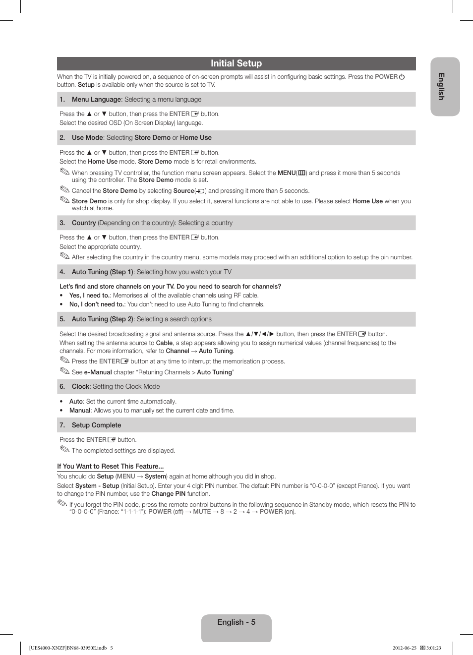 Initial setup | Samsung UE19ES4000W User Manual | Page 5 / 49