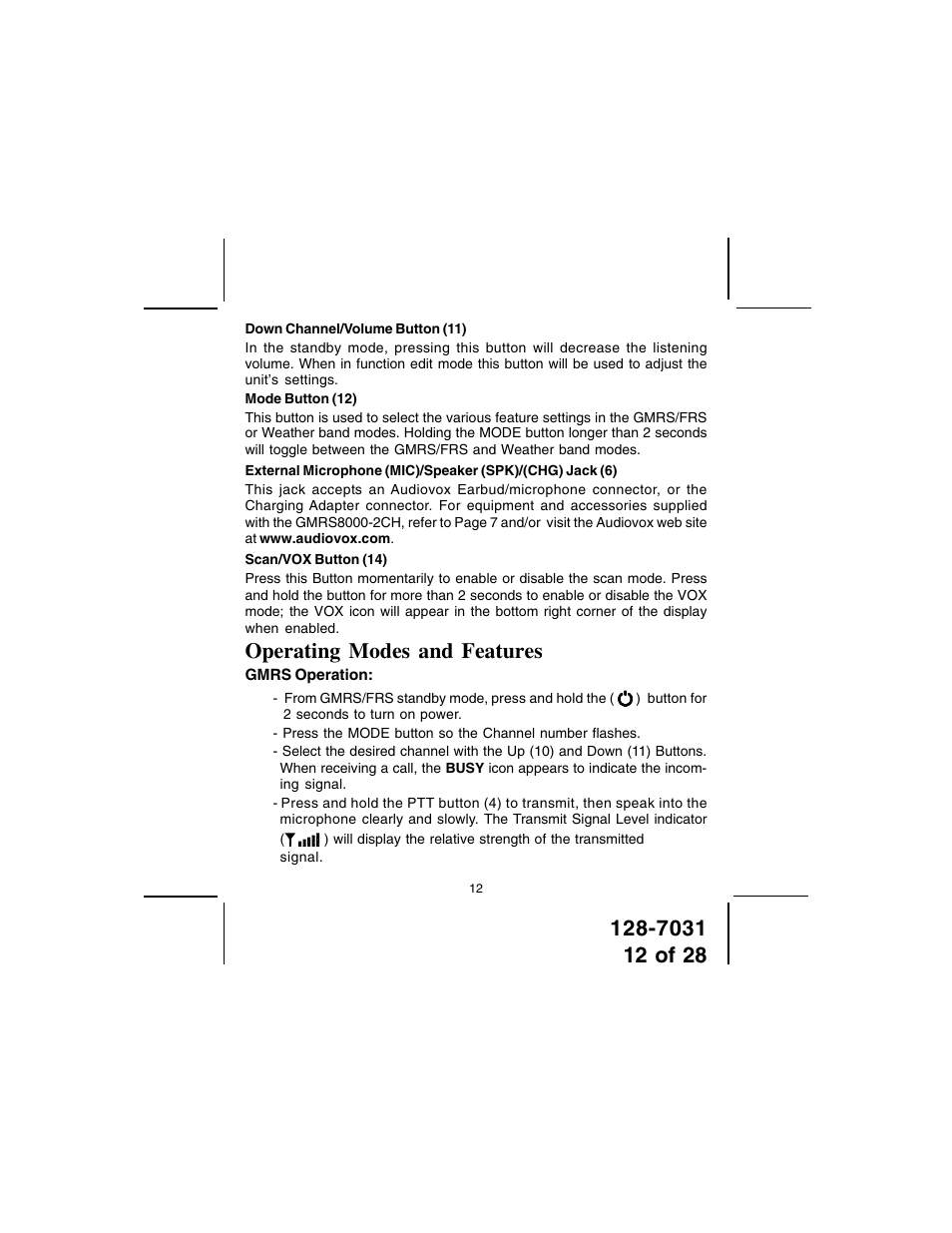 Operating modes and features | Audiovox 128-7031 User Manual | Page 12 / 28