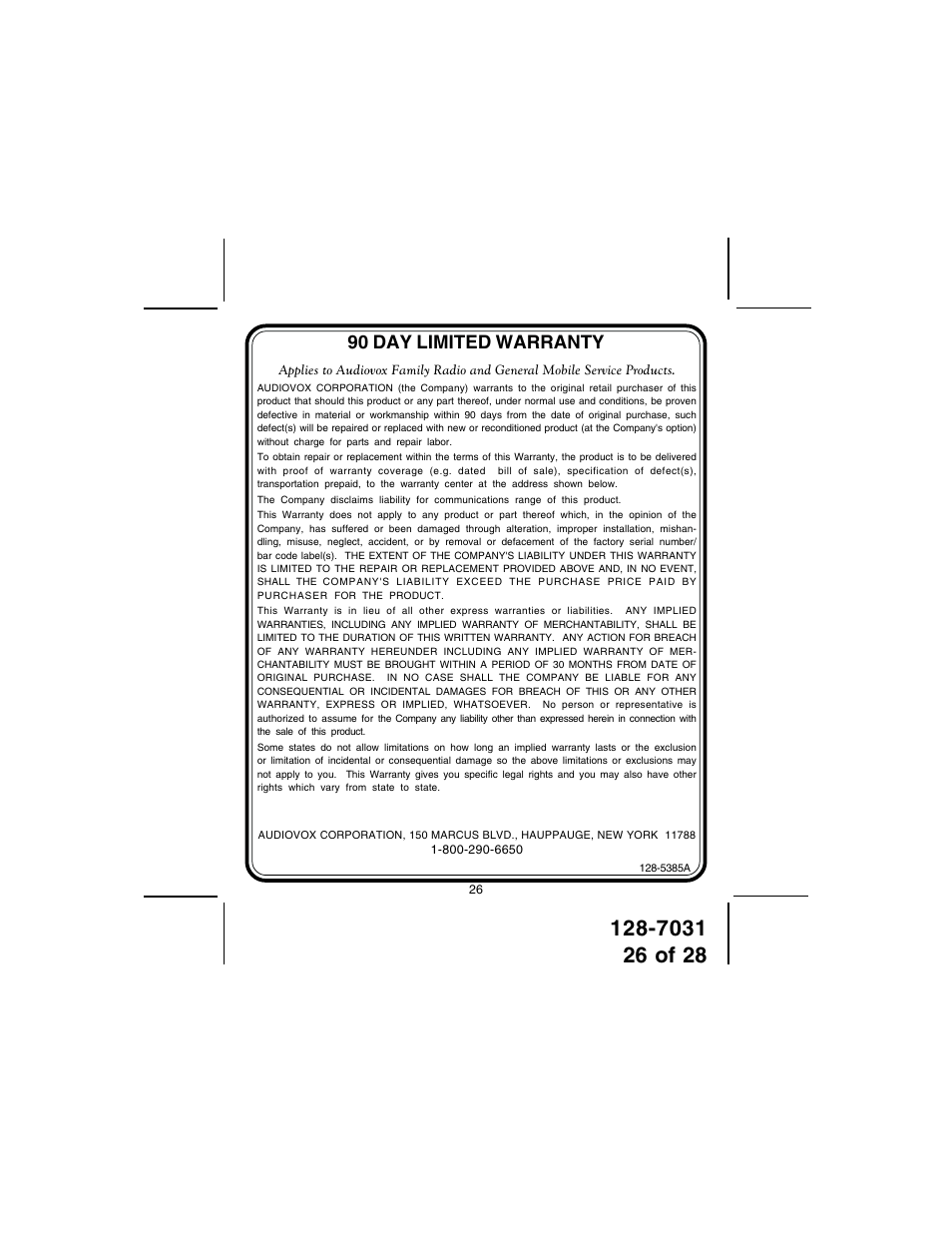 90 day limited warranty | Audiovox 128-7031 User Manual | Page 26 / 28