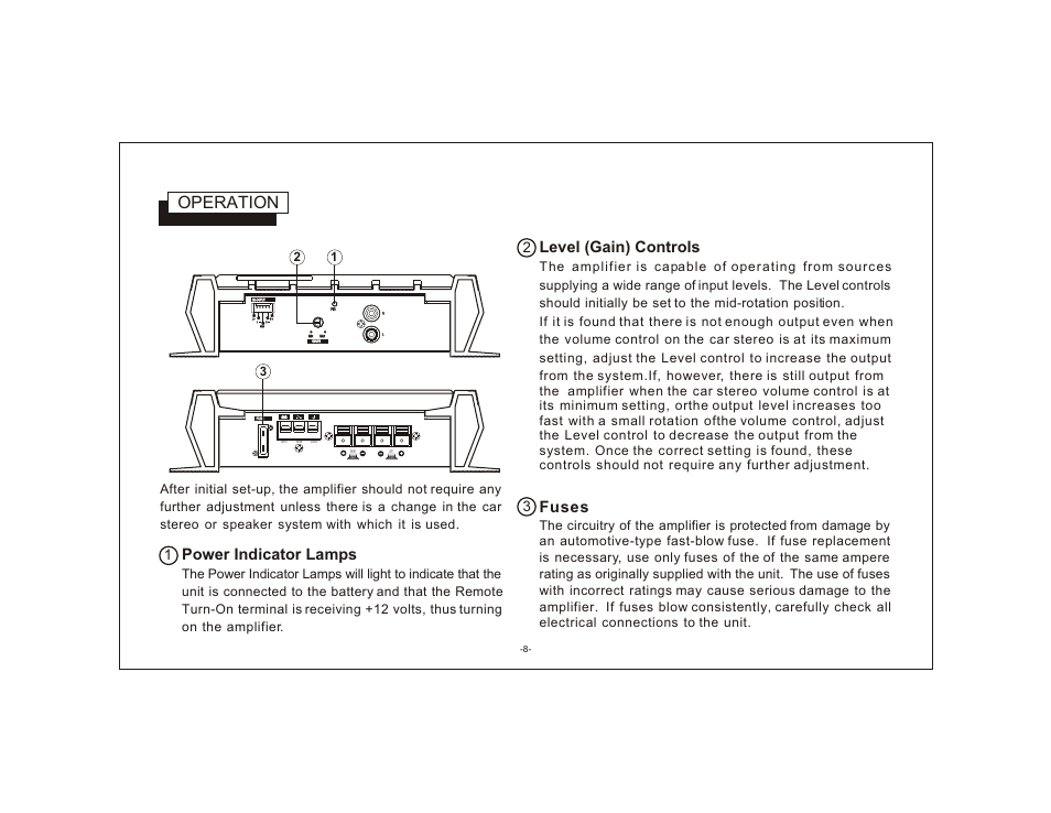 Operation, Power indicator lamps, Level (gain) controls | Fuses | Audiovox AXT-120 User Manual | Page 10 / 12