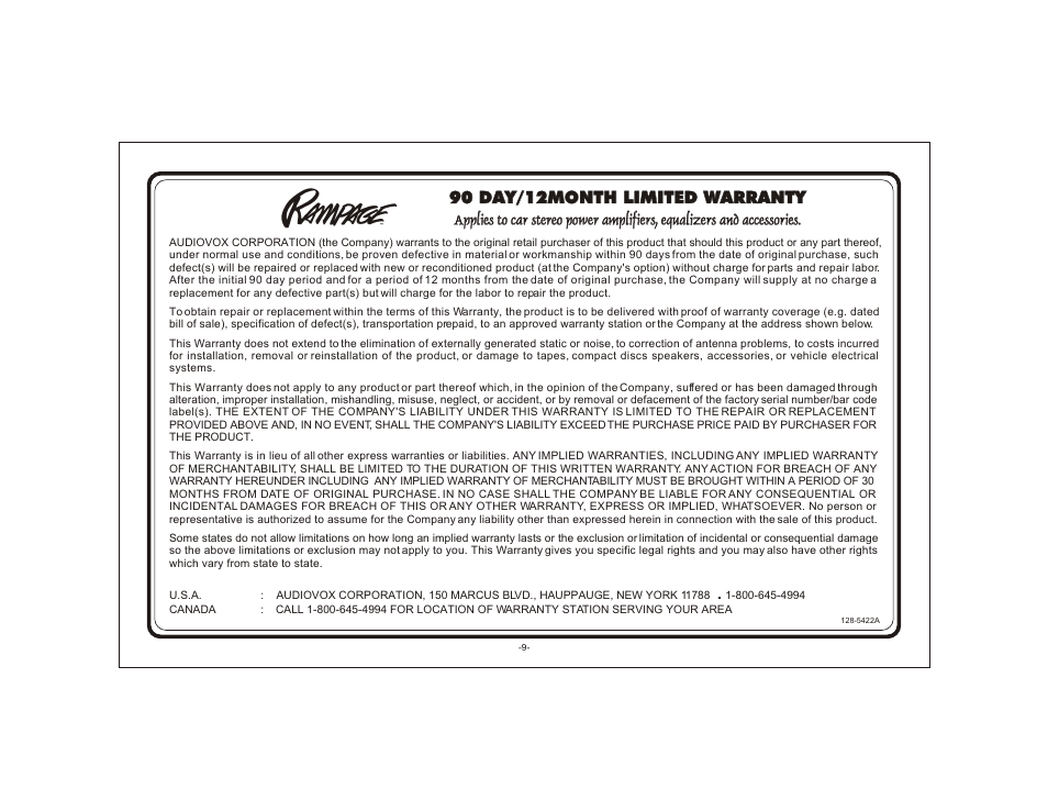 90 day/12month limited warranty | Audiovox AXT-120 User Manual | Page 11 / 12