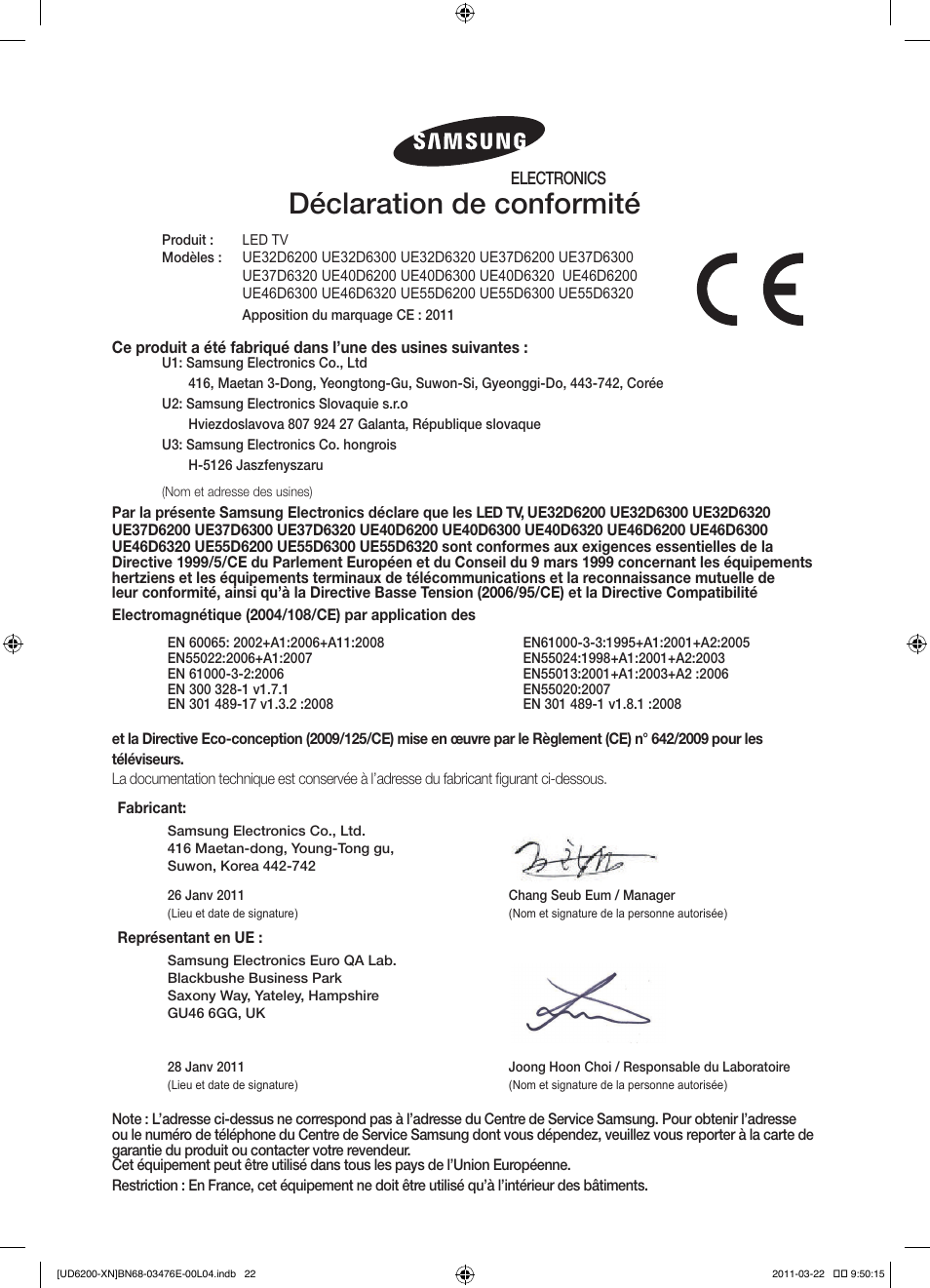 Déclaration de conformité | Samsung UE37D6200TS User Manual | Page 44 / 86
