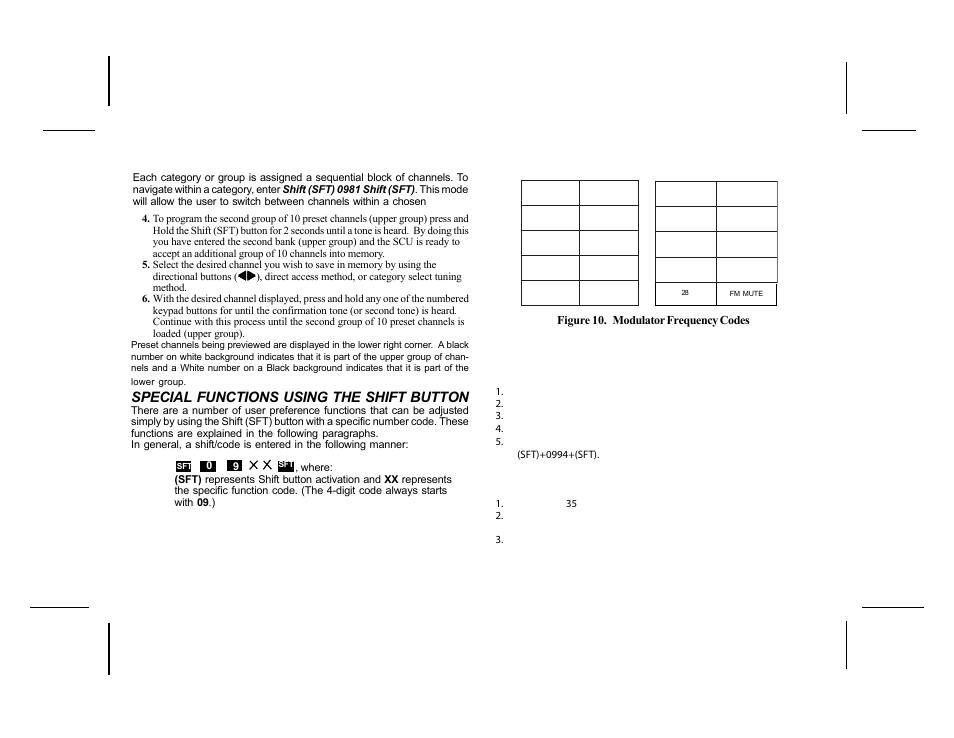 Special functions using the shift button, Direct fm frequency selection, System default shift code | Lcd contrast shift code, Figure 10. modulator frequency codes | Audiovox SRSIR-001FM  EN User Manual | Page 8 / 12