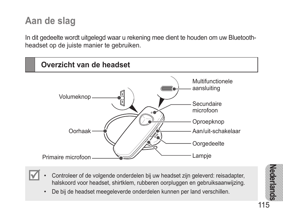 Aan de slag, Overzicht van de headset, Aan.de.slag | Ne der lan ds | Samsung BHM3500 User Manual | Page 118 / 143