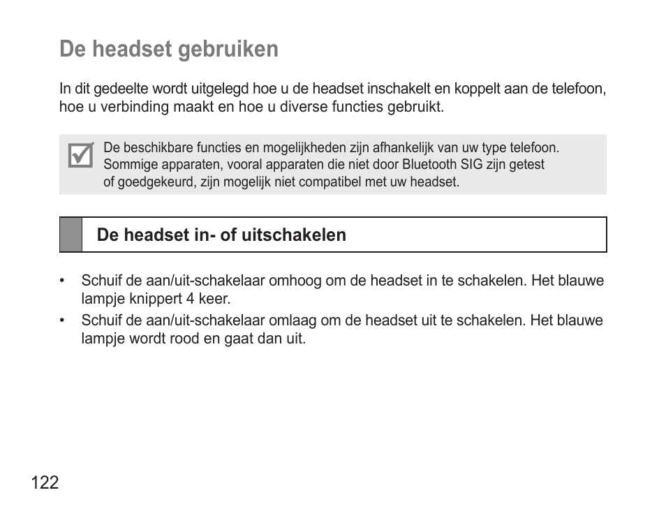 De headset gebruiken, De headset in- of uitschakelen, De.headset.gebruiken | Samsung BHM3500 User Manual | Page 125 / 143