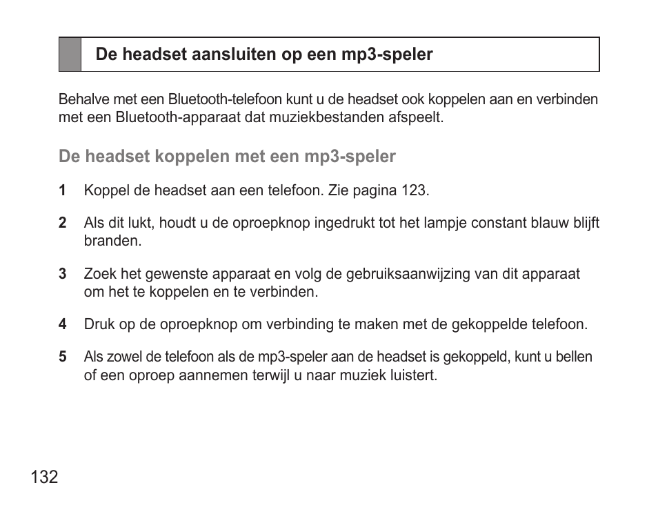 De headset aansluiten op een mp3-speler | Samsung BHM3500 User Manual | Page 135 / 143