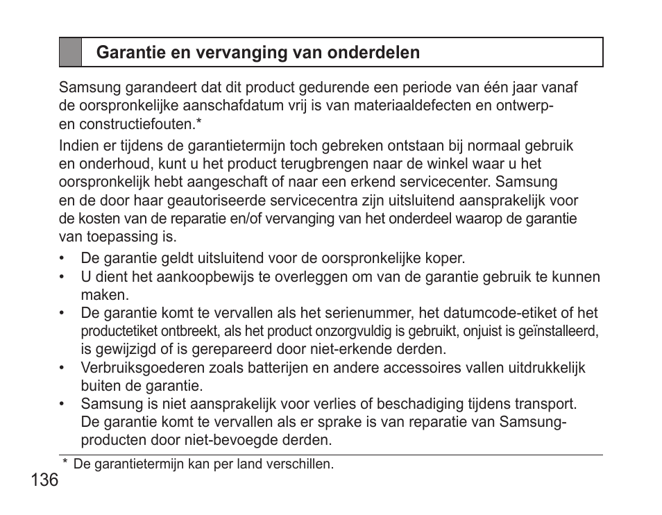 Garantie en vervanging van onderdelen | Samsung BHM3500 User Manual | Page 139 / 143