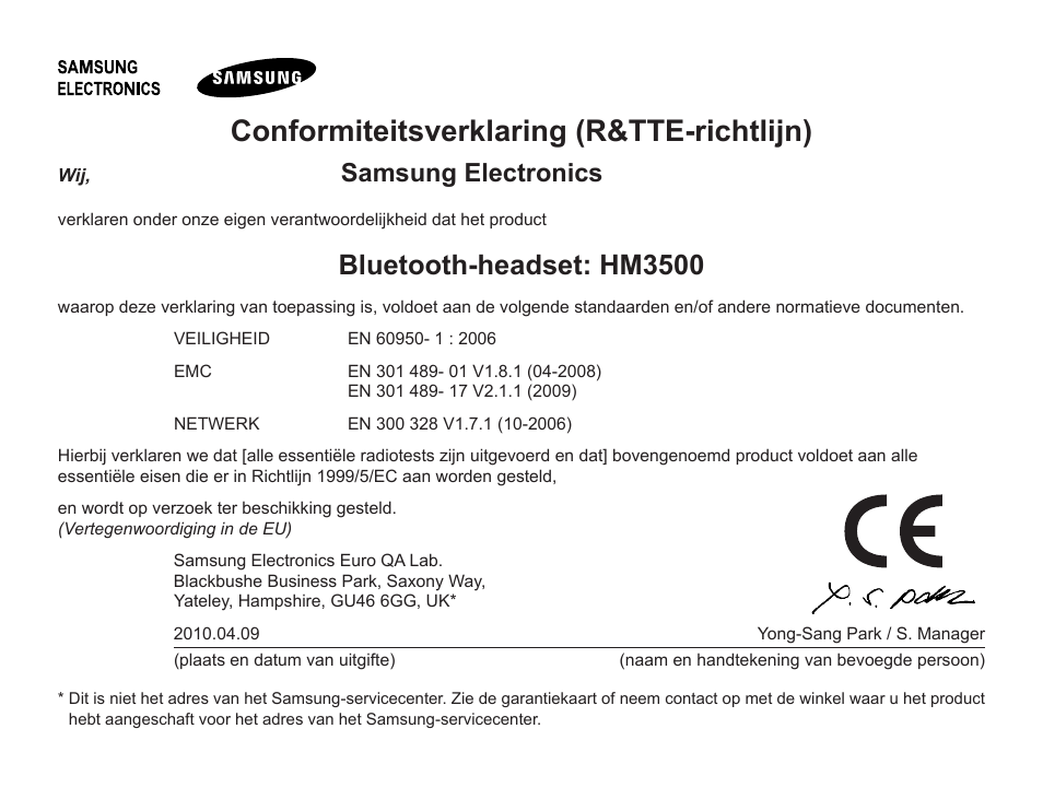 Conformiteitsverklaring.(r&tte-richtlijn), Bluetooth-headset:.hm3500, Samsung.electronics | Samsung BHM3500 User Manual | Page 143 / 143