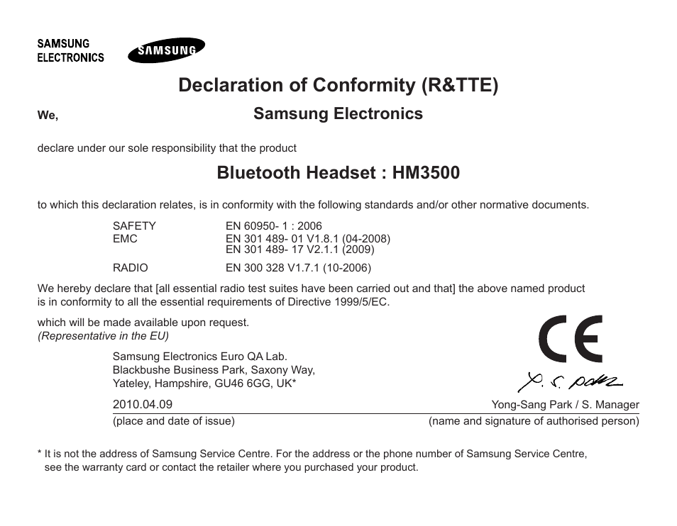 Declaration.of.conformity.(r&tte), Bluetooth.headset.:.hm3500, Samsung.electronics | Samsung BHM3500 User Manual | Page 31 / 143