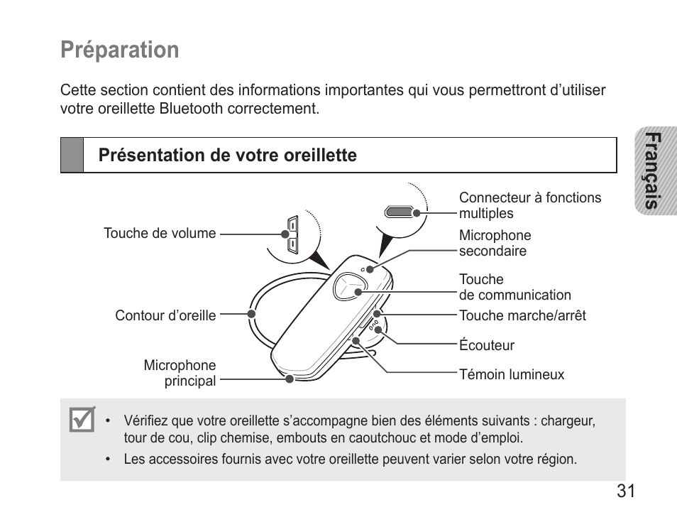 Préparation, Présentation de votre oreillette, Français | Présentation.de.votre.oreillette | Samsung BHM3500 User Manual | Page 34 / 143