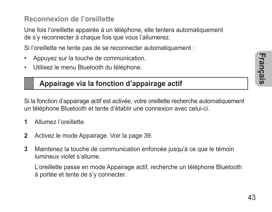 Appairage via la fonction d’appairage actif, Français | Samsung BHM3500 User Manual | Page 46 / 143