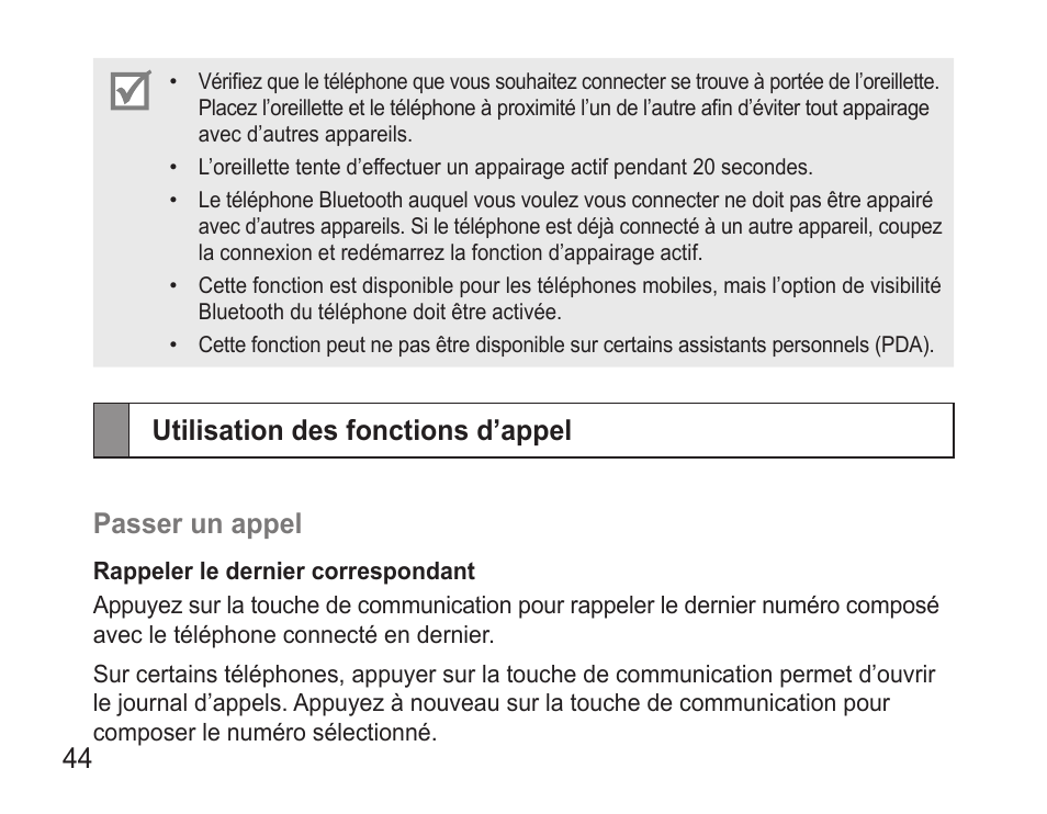 Utilisation des fonctions d’appel, Utilisation.des.fonctions.d’appel passer.un.appel | Samsung BHM3500 User Manual | Page 47 / 143