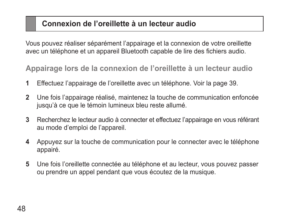Connexion de l’oreillette à un lecteur audio | Samsung BHM3500 User Manual | Page 51 / 143