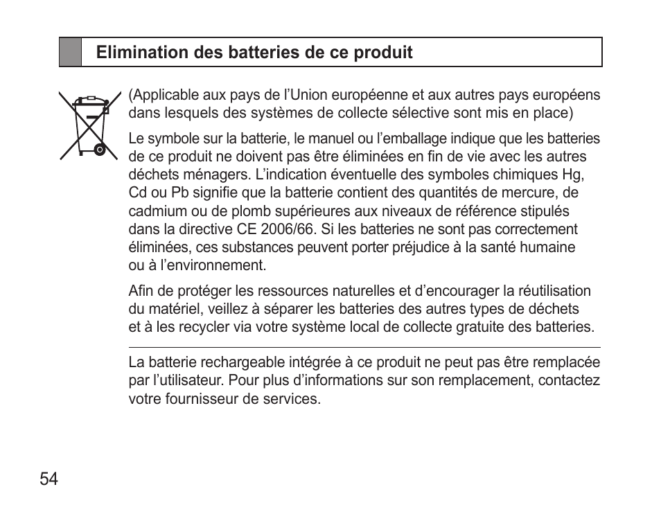 Elimination des batteries de ce produit | Samsung BHM3500 User Manual | Page 57 / 143