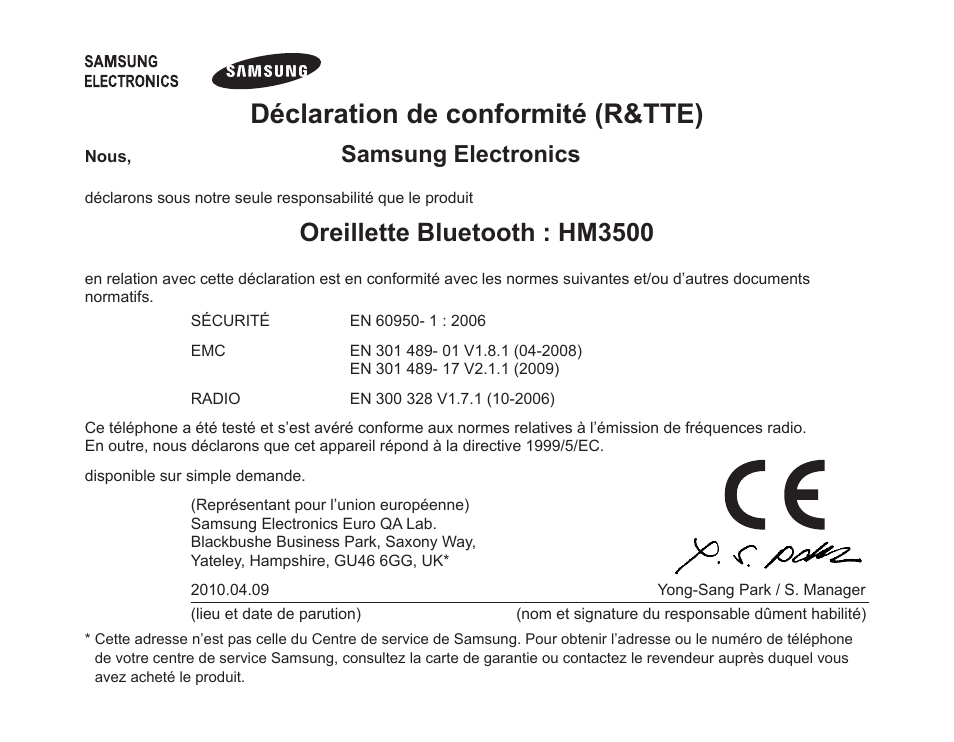 Déclaration.de.conformité.(r&tte), Oreillette.bluetooth.:.hm3500, Samsung.electronics | Samsung BHM3500 User Manual | Page 59 / 143