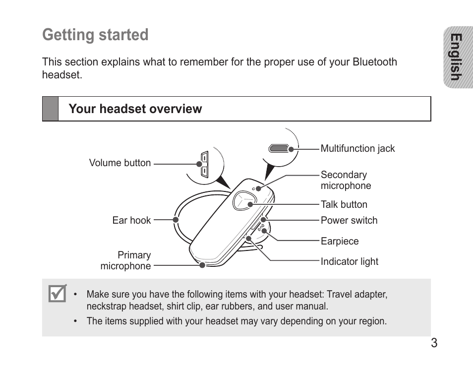 Getting started, Your headset overview, Getting.started | English | Samsung BHM3500 User Manual | Page 6 / 143