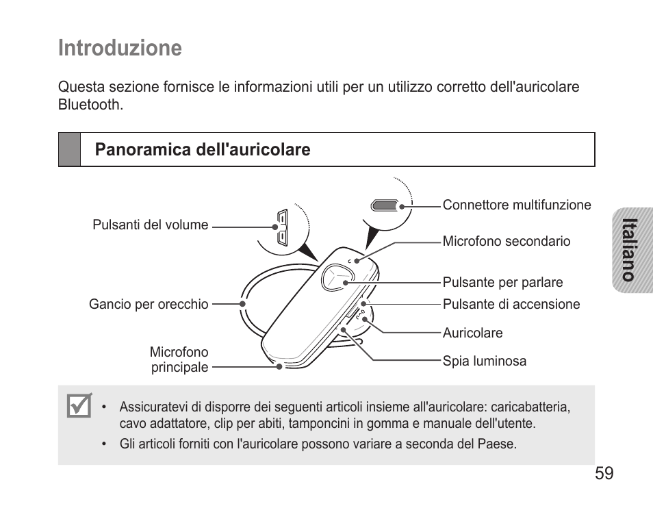 Introduzione, Panoramica dell'auricolare, Italiano | Samsung BHM3500 User Manual | Page 62 / 143
