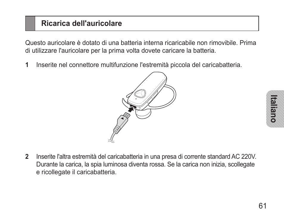 Ricarica dell'auricolare, Italiano | Samsung BHM3500 User Manual | Page 64 / 143