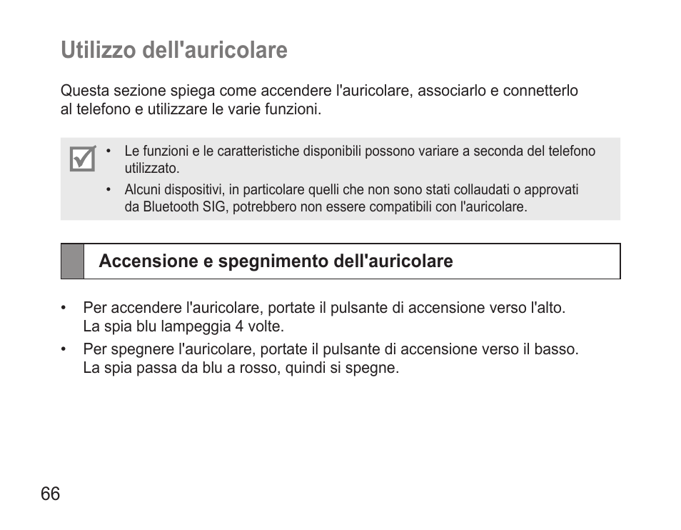 Utilizzo dell'auricolare, Accensione e spegnimento dell'auricolare, Utilizzo.dell'auricolare | Samsung BHM3500 User Manual | Page 69 / 143