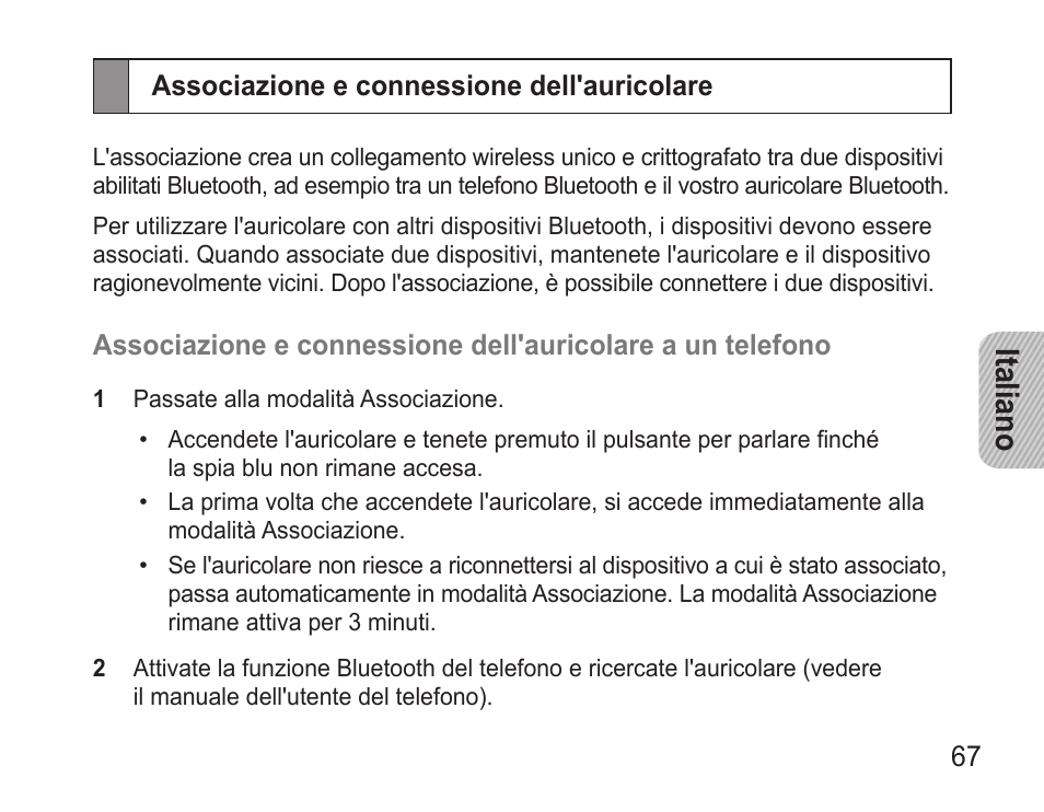 Associazione e connessione dell'auricolare, Italiano | Samsung BHM3500 User Manual | Page 70 / 143