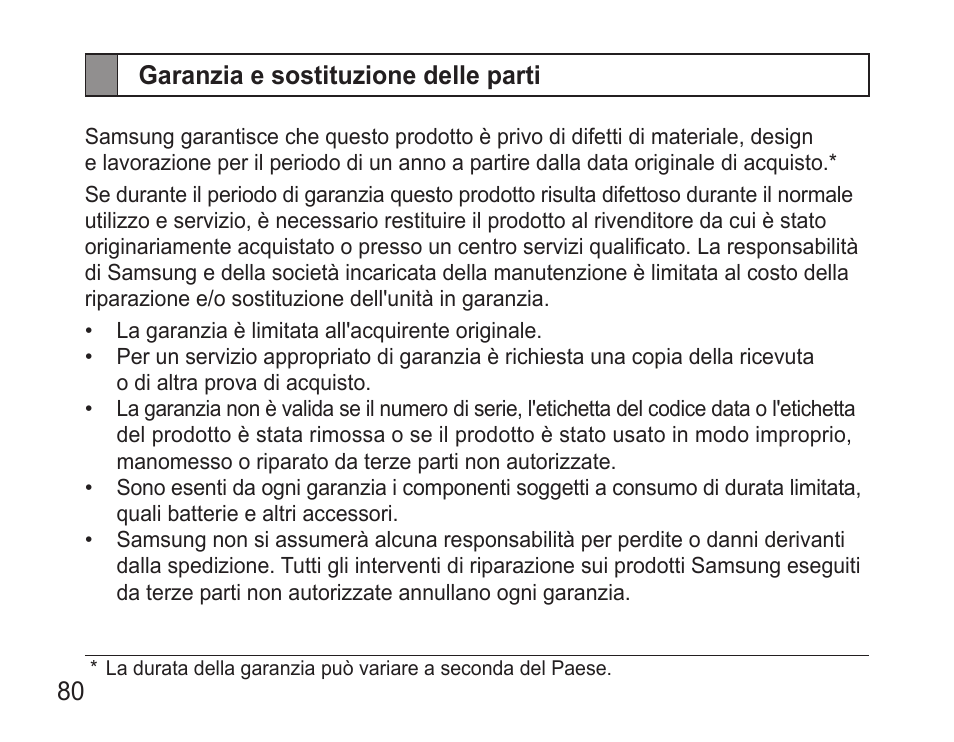 Garanzia e sostituzione delle parti | Samsung BHM3500 User Manual | Page 83 / 143